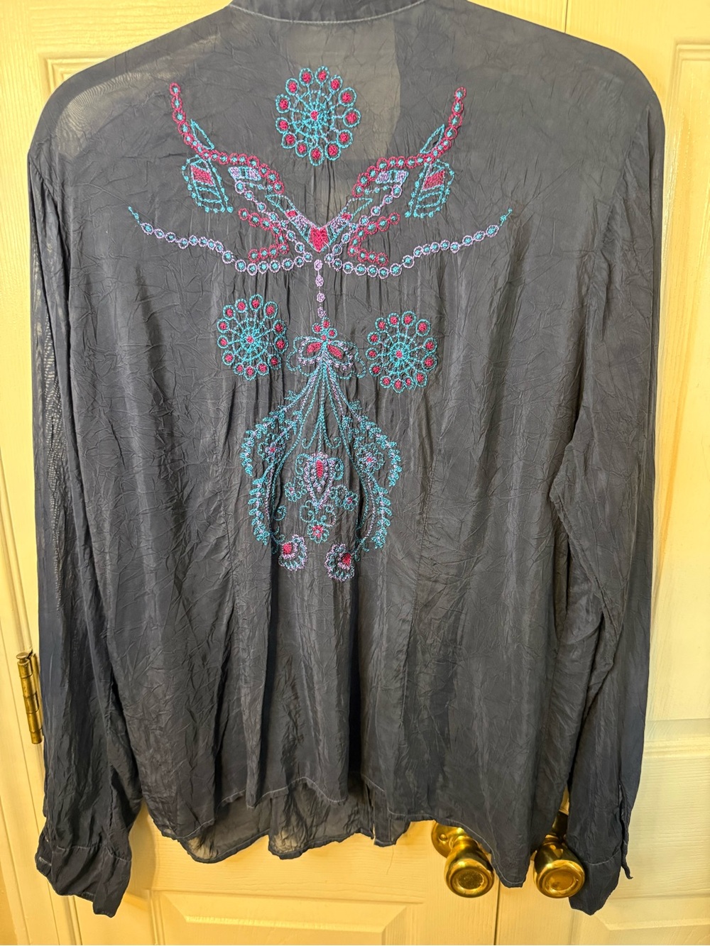Johnny Was Slate Blue Embroidered Button-Down Shirt - Picture 2 of 2